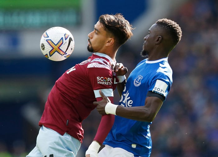 West Ham United's Lucas Paqueta in action with Everton's Idrissa Gueye.