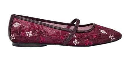 white and red flowers embroidered on dark red mesh flats