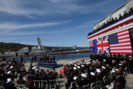 Then US president Joe Biden meets Australian PM Anthony Albanese and British PM Rishi Sunak at Naval Base Point Loma in San Diego, California, in March 2023 to announce the Aukus partnership