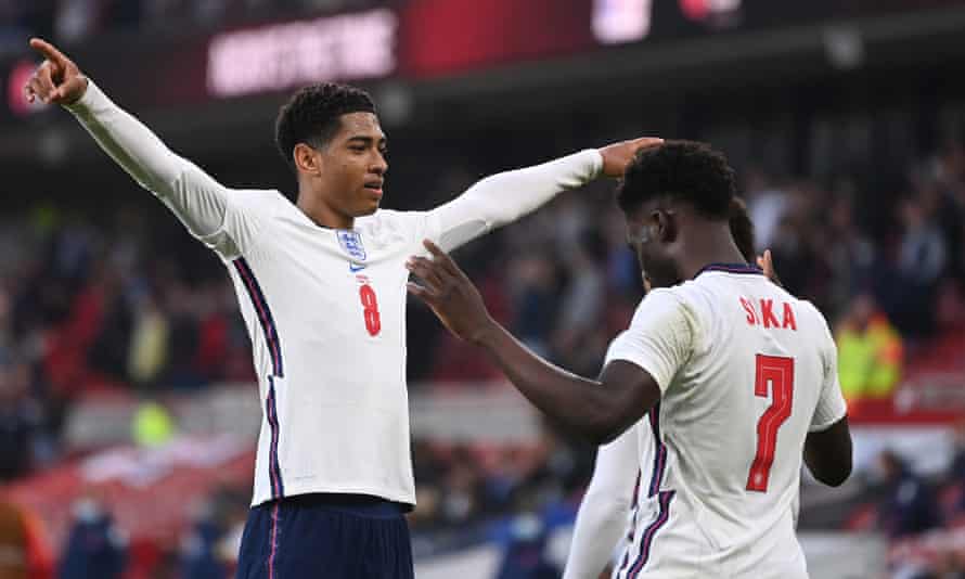 Bukayo Saka celebrates his first England goal with Jude Bellingham on an impressive night for both youngsters.