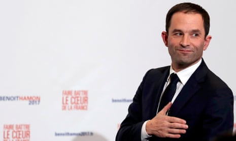 Former French education minister Benoît Hamon reacts after partial results in the second round of the French left’s presidential primary election in Paris on Sunday.
