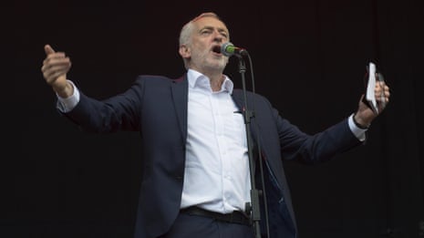Jeremy Corbyn appears at music festival at Tranmere Rovers ground – video 
