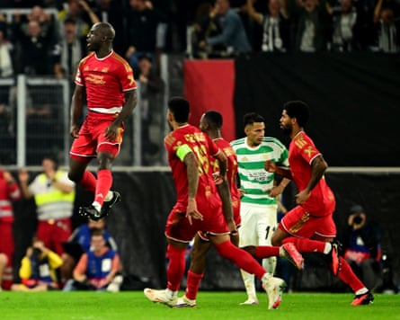 Samuel Adeniran of Lask celebrates scoring his team’s fifth goal against Celtic.