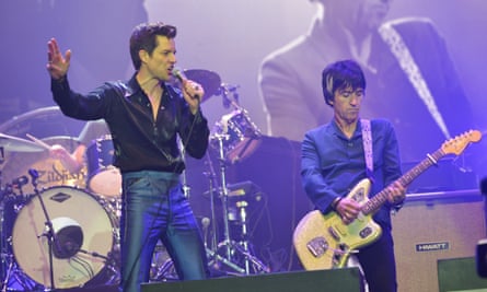 Brandon Flowers with former Smiths guitarist Johnny Marr at Glastonbury.