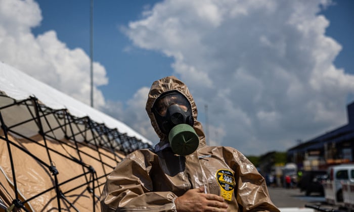 A Ukrainian emergency ministry rescuer seen during a training exercise in the city of Zaporizhzhia on 17 August in case of a possible nuclear incident at the Zaporizhzhia nuclear power plant.