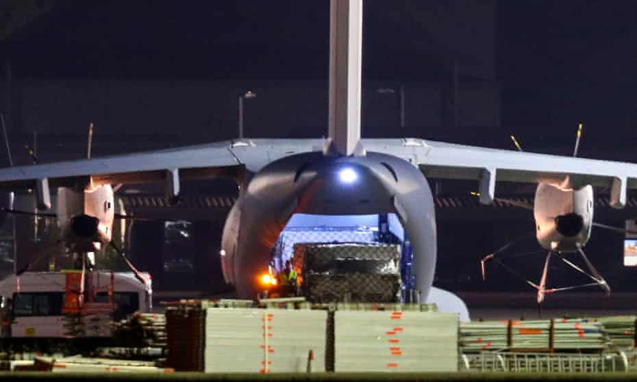 An RAF Atlas, believed to be carrying a cargo of PPE is unloaded at Brize Norton