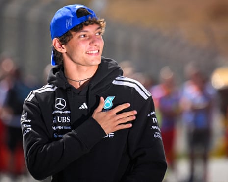Kimi Antonelli smiles during the drivers parade ahead of the Formula One Dutch Grand Prix in Zandvoort