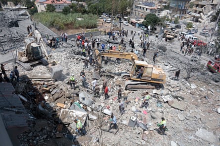 An aerial view of the damage in Deir al-Zahrani after an Israeli warplane carried out an airstrike in southern Lebanon.