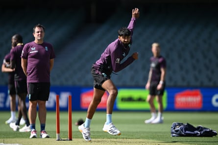 Shoaib Bashir bowls during a nets session at Adelaide Oval on Monday 15 December