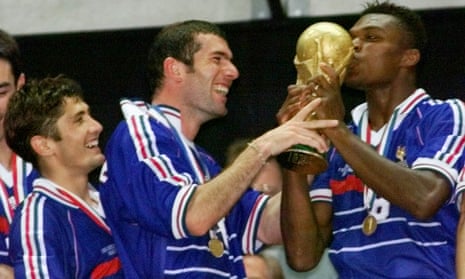 Marcel Desailly kisses the World Cup in 1998 as Zinedine Zidane and Bixente Lizarazu look on