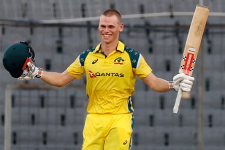 Cooper Connolly celebrates reaching his century during the third one day international cricket match between Australia and Bangladesh