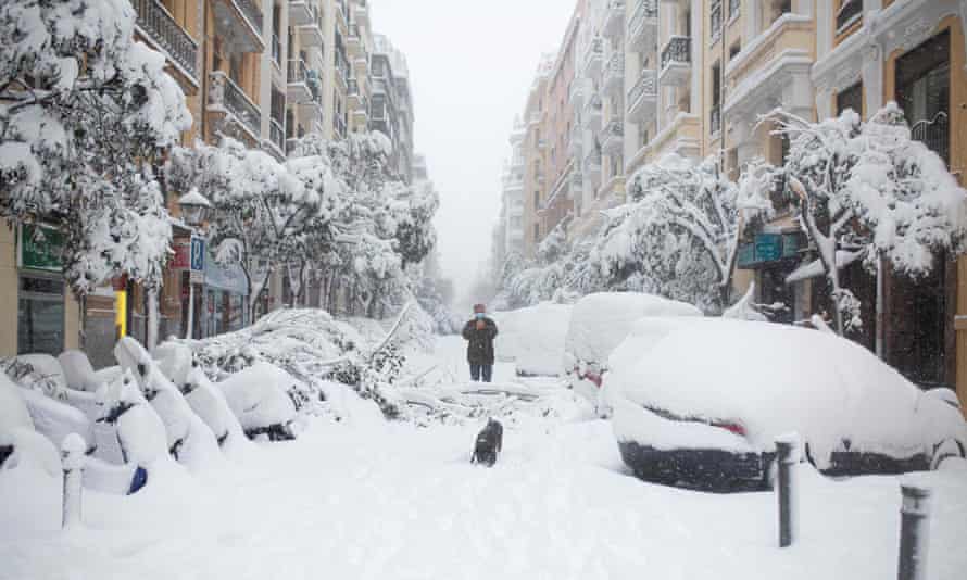 A man walks his dog on Saturday amid heavy snowfall in Madrid, Spain.