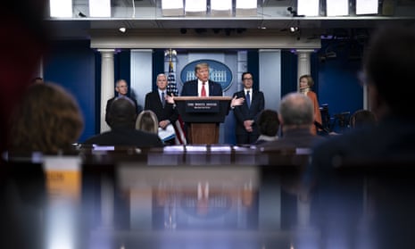 White House Coronavirus Task Force Holds Daily Briefing<br>WASHINGTON, DC - MARCH 25: U.S. President Donald Trump, joined by members of the Coronavirus Task Force, speaks during a briefing on the coronavirus pandemic, in the press briefing room of the White House on March 25, 2020 in Washington, DC. The United States Senate continues to work on $2 trillion aide package to combat the health and economic effects of the pandemic. (Photo by Drew Angerer/Getty Images)