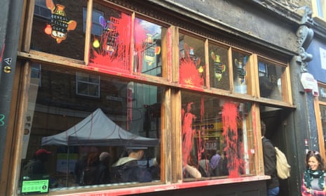 Paint still visible on the Cereal Killer cafe today, after last night’s anti-gentrification protests in Brick Lane, London.