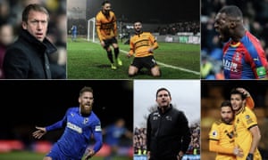 Swansea manager Graham Potter, Padraig Amond of Newport County celebrates in the rain, Crystal Palace’s Christian Benteke, Raul Jimenez and Joao Moutinho of Wolverhampton Wanderers, Franks Lampard during the fourth round match against Accrington and AFC Wimbledon’s Scott Wagstaff celebrates against West Ham. Composite photographs by Getty Images and PA