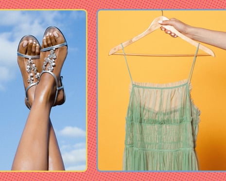 A model wearing a pair of sandals and holding a dress on a hanger