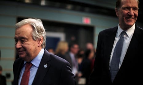 UN Secretary General Antonio Guterres and World Bank President David Malpass arrive for a session at the Annual Meetings of the International Monetary Fund and World Bank in Washington, 14 October.
