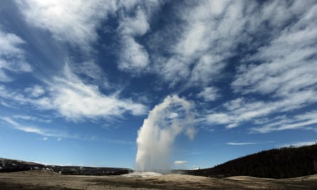 View of the Old Faithful geyser which erupts on average every 90 minutes in the Yellowstone national park, Wyoming, US