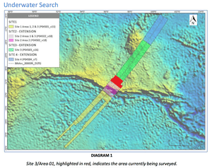 Map of the underwater search area for MH370 conducted by Ocean Infinity and search ship Seabed Constructor, April 15 2018. Update 12. This shows the first time the extension Site 4 was added to the search.