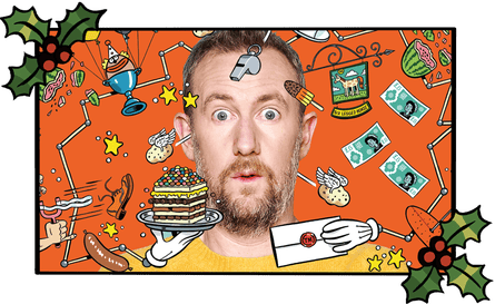 Une photographie d'Alex Horne avec des images de dessins animés et des écritures partout