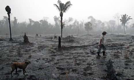 Brazilian farmer Helio Lombardo Do Santos walks through a burnt area of the Amazon rainforest, near Porto Velho, Brazil, in August.