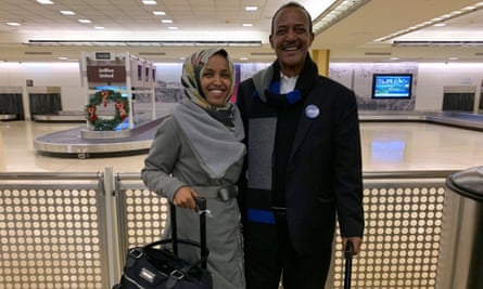 Ilhan Omar and her father arriving at the airport in Washington, with their luggage