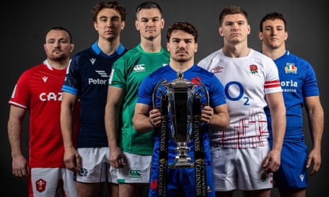 Wales' Ken Owens, Scotland's Jamie Ritchie, Ireland's Johnny Sexton, France's Antoine Dupont, England's Owen Farrell and Italy's Michele Lamaro