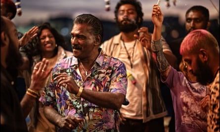 Several characters in colourful shirts dancing
