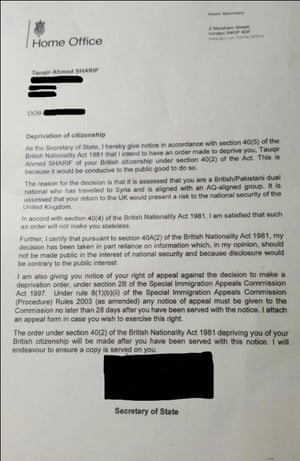 A letter from the Home Office to aid worker Tauqir Sharif, whose citizenship was revoked in May 2017