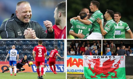 Clockwise from top left: Connah’s Quay manager Andy Morrison; TNS celebrate a goal in Champions League qualifying; Nomads fans in Kilmarnock; and Callum Morris scores a penalty.