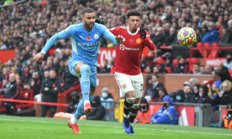 Manchester City’s Kyle Walker (left) is one of the few England players in good form but Jadon Sancho (right), dropped by Gareth Southgate, is struggling.