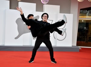Jani Poso and Teemu Nikki at the closing ceremony before winning the audience award for The Blind Man Who Did Not Want To See Titanic