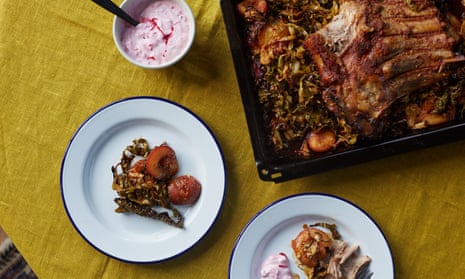 Spicy roasted pulled pork belly with tamarind and beetroot raita