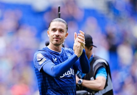 Jack Grealish applauds the fans following his fine start at Hill Dickinson Stadium.