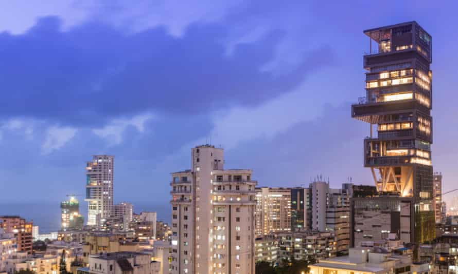 The Antilia building, at right of photograph, in Mumbai.