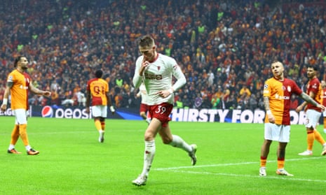 Scott McTominay of Manchester United celebrates scoring to make it 3-1 at Galatasaray.