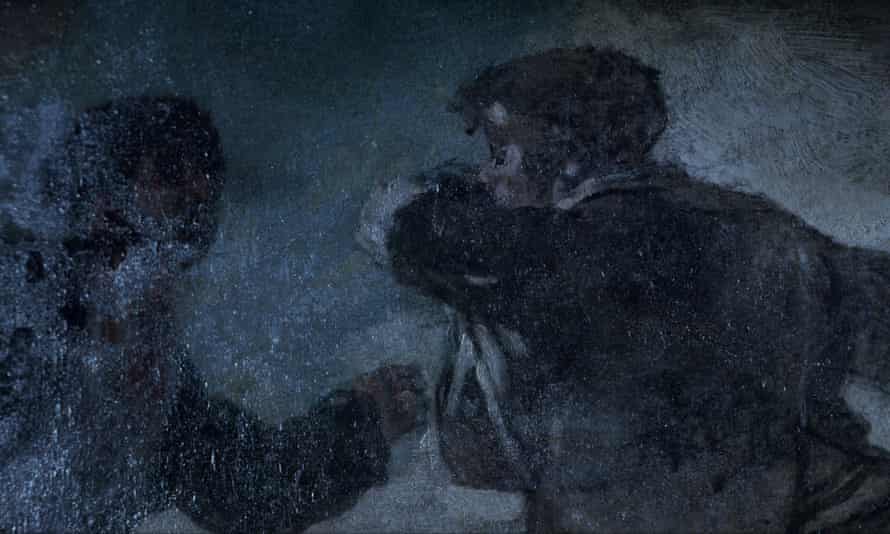 Two men fight in a dark scene from La Quinta del Sordo