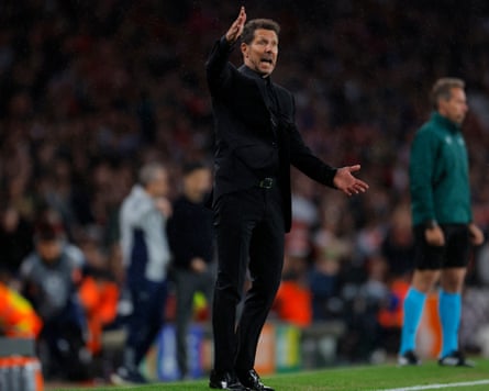 The Atlético Madrid manager Diego Simeone gestures during his team’s Champions League semi-final second leg away to Arsenal.
