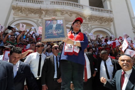 Abir Moussi leader of the Free Destourian Party (PDL) holds a picture of former Tunisian president Habib Bourguiba during a sit-in against political violence and for the defense of the civil state in Tunis, Tunisia, 04 July 2020