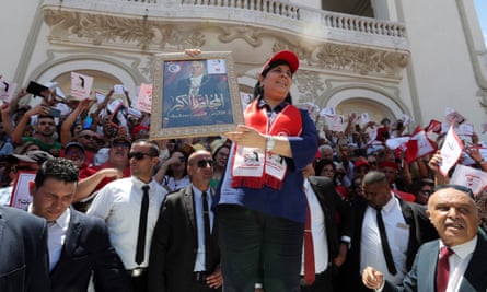 Abir Moussi leading a protest in Tunis in July this year