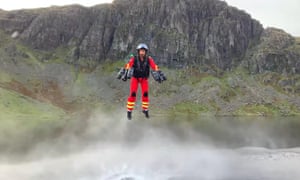 Life-saving?  Gravity Industries founder Richard Browning flies to Langdale, Cumbria, to a simulated casualty location near Bowfell.