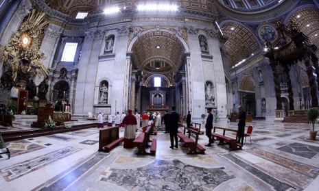 Pope Fancis celebrates Easter mass in an empty St. Peter’s Basilica. Easter Sunday Mass, Vatican City, Italy, 12 April 2020
