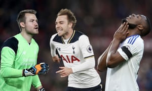 Liverpool goalkeeper Simon Mignolet, Tottenham’s Christian Eriksen, and Sunderland’s striker Victor Anichebe reacts after missing against Middlesbrough.