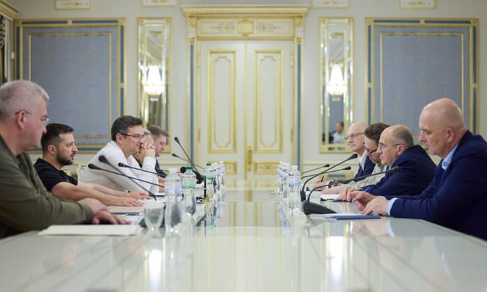 Ukrainian President Volodymyr Zelensky and Zbigniew Rau, OSCE Chairman-in-Office and foreign minister of Poland during their meeting in Kyiv, Ukraine on Tuesday.