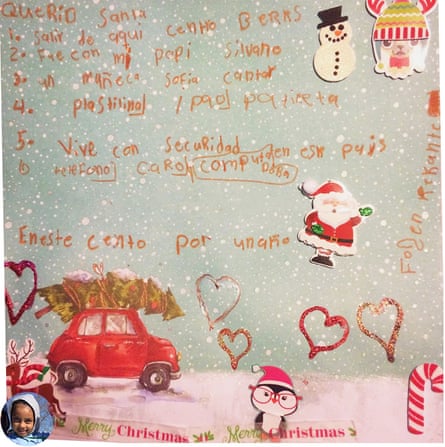 “Dear Santa, 1. To get out of here, out of the Berks center. 2. To be with my daddy. 3. A doll Sofia to sing. 4. Play Dough 5. Live with security in this country. 6. A phone and computer.”