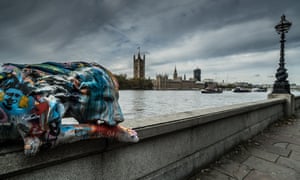 One of the graffitied lions in Westminster.