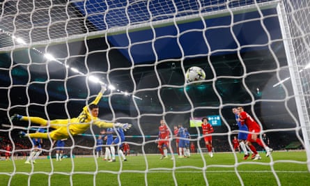 Djordje Petrovic is unable to stop Virgil van Dijk’s late header at Wembley.