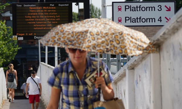 A sign at Alexandra Palace train station in north London, saying no trains are running due to the hot weather. 