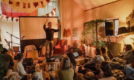 Explorer and documentary maker Bruce Parry speaking in a session at Primal Gathering.