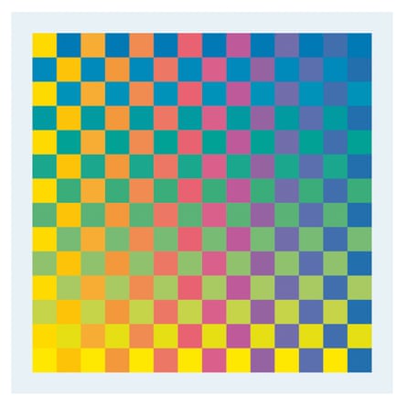 Karl Gerstner (Swiss, b. 1930), <em>Polychrome of Pure Colors</em>, 1956-58. Printer’s ink on cubes of Plexiglas, 1 1/4 × 1 1/4 in. (3 × 3 cm). ea., fixed in a chrome-plated metal frame, 18 7/8 × 18 7/8 in. (48 × 48 cm) ea. Courtesy of the artist.